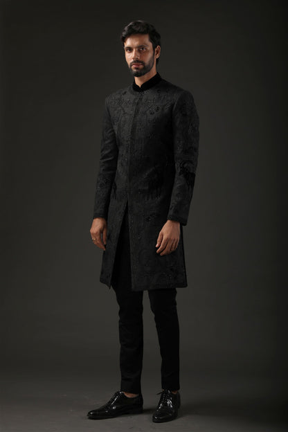 MC 526 Mens Black Sherwani - Mashal Couture