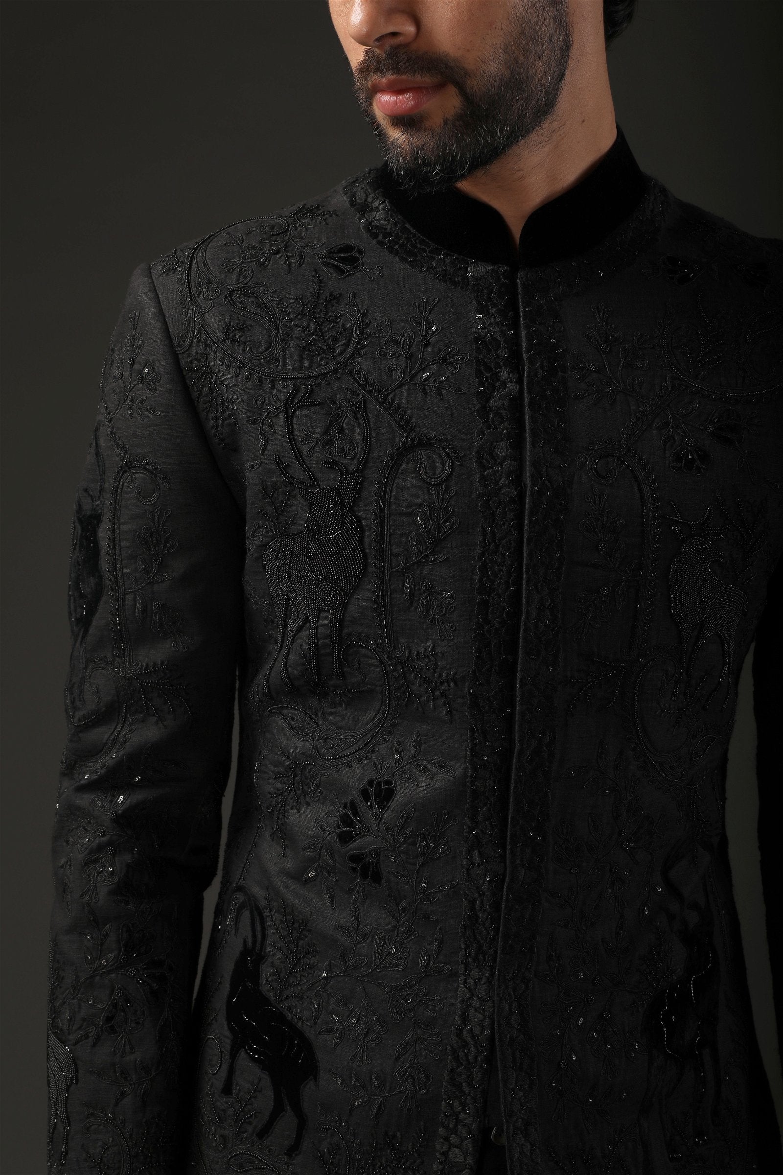 MC 526 Mens Black Sherwani - Mashal Couture