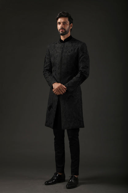 MC 526 Mens Black Sherwani - Mashal Couture