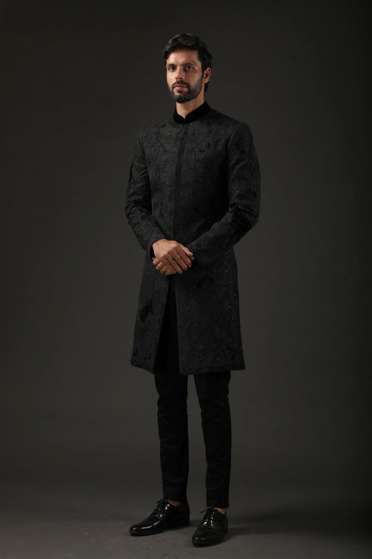 MC 526 Mens Black Sherwani - Mashal Couture