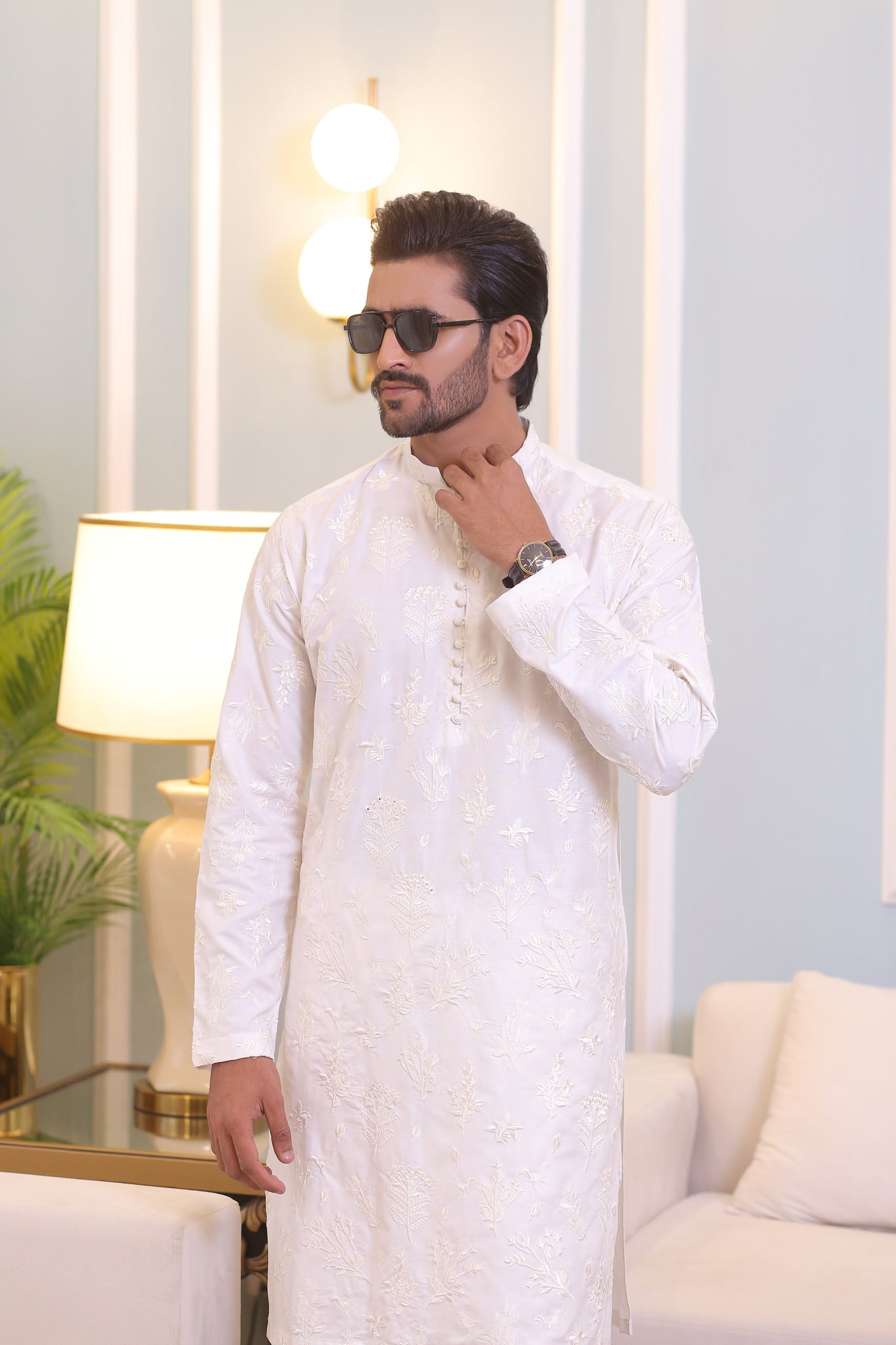 CK 22 White Chikankari Kurta Pajama For Men - Mashal Couture