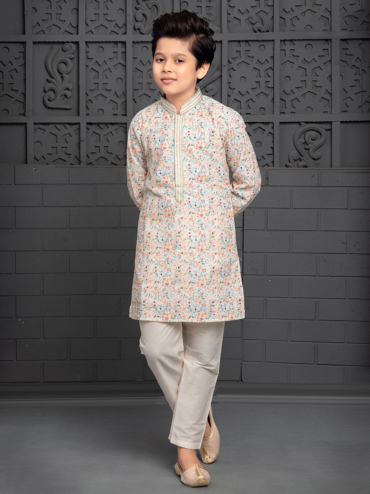 MC FS 07 Cream Floral Kurta Pajama - Mashal Couture