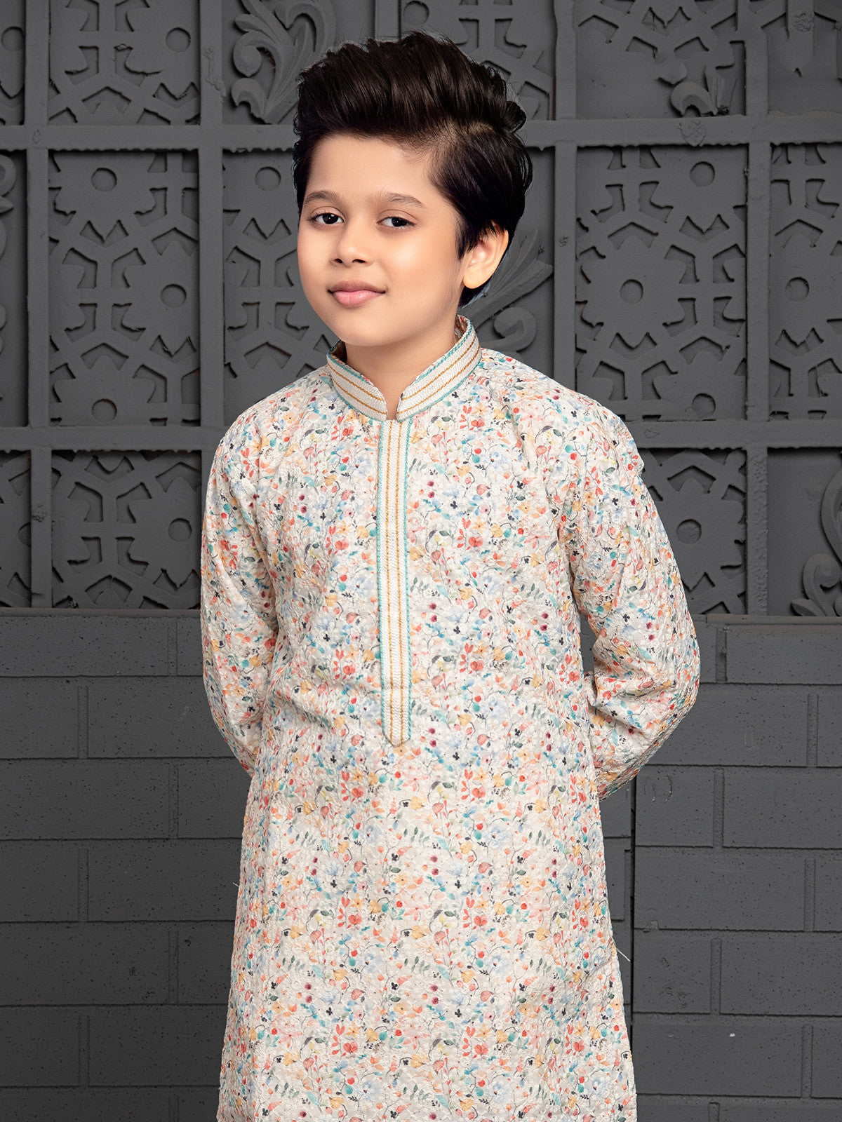 MC FS 07 Cream Floral Kurta Pajama - Mashal Couture