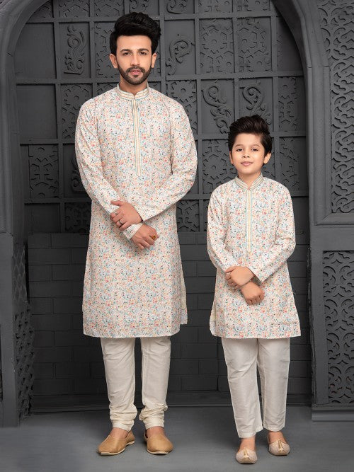 MC FS 07 Cream Floral Kurta Pajama - Mashal Couture