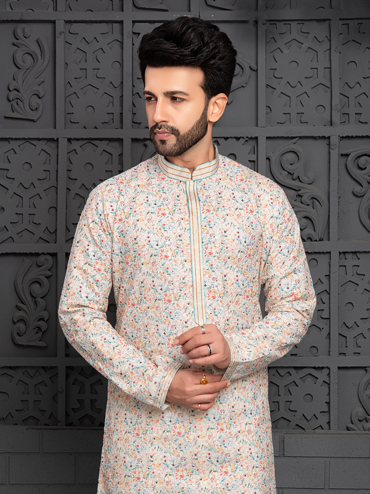 MC FS 07 Cream Floral Kurta Pajama - Mashal Couture
