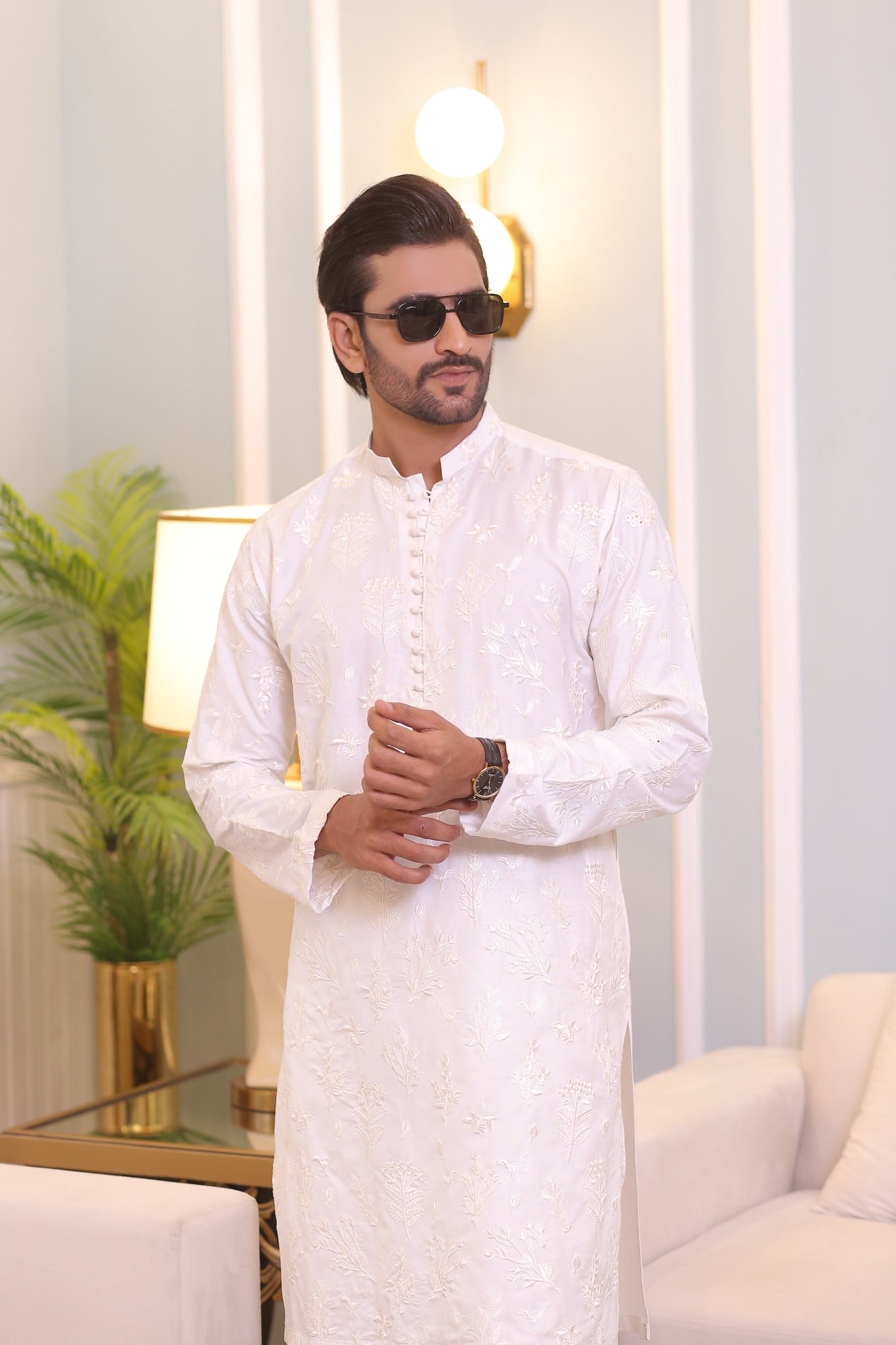 CK 22 White Chikankari Kurta Pajama For Men - Mashal Couture