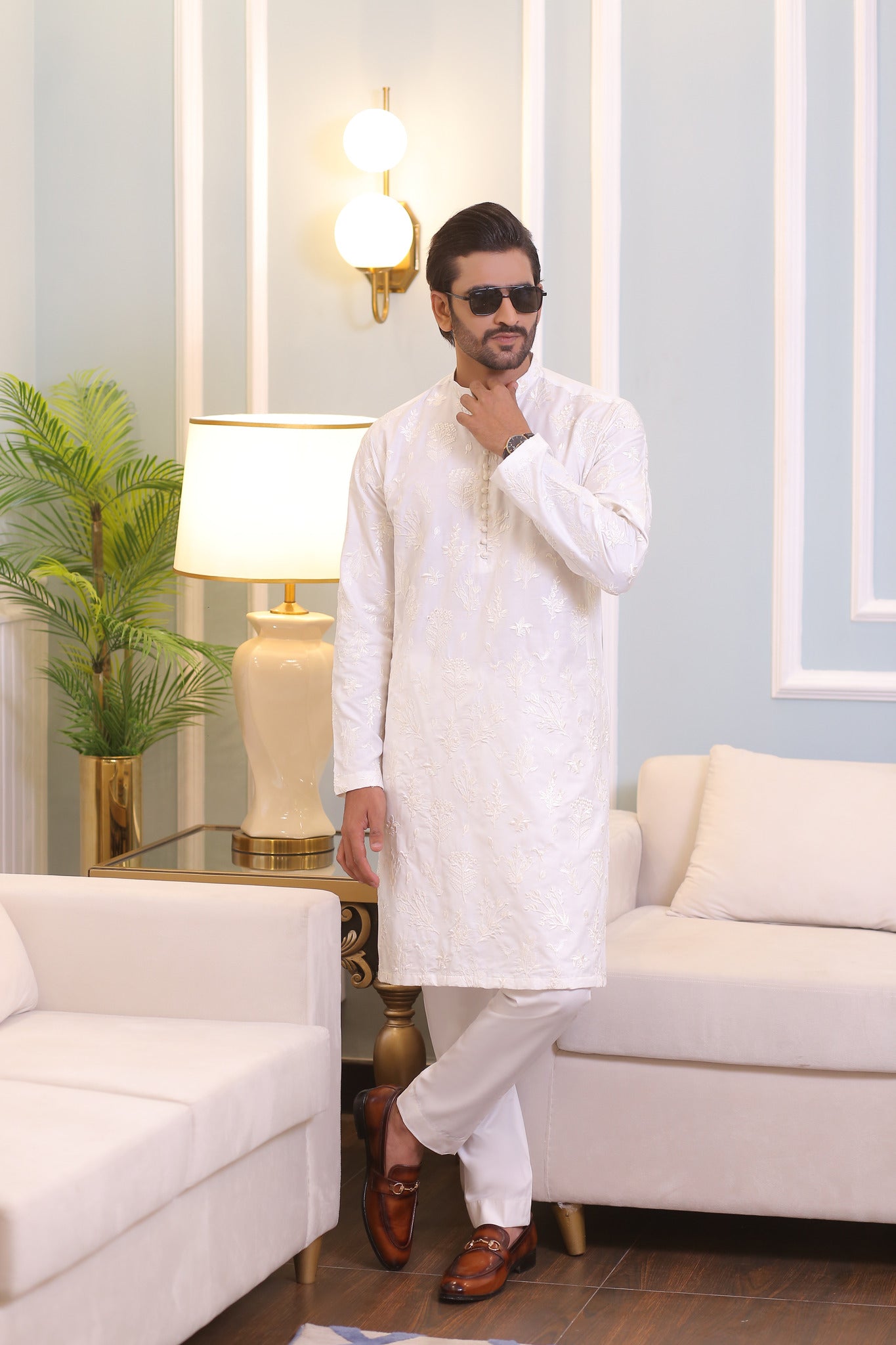CK 22 White Chikankari Kurta Pajama For Men - Mashal Couture
