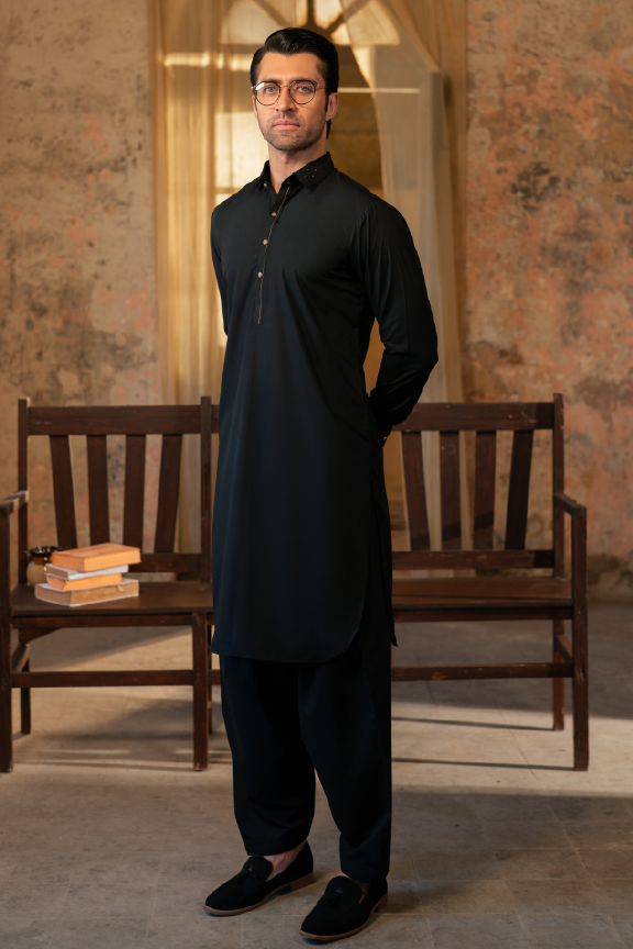 MC 75 Shalwar Kameez Black Mens - Mashal Couture