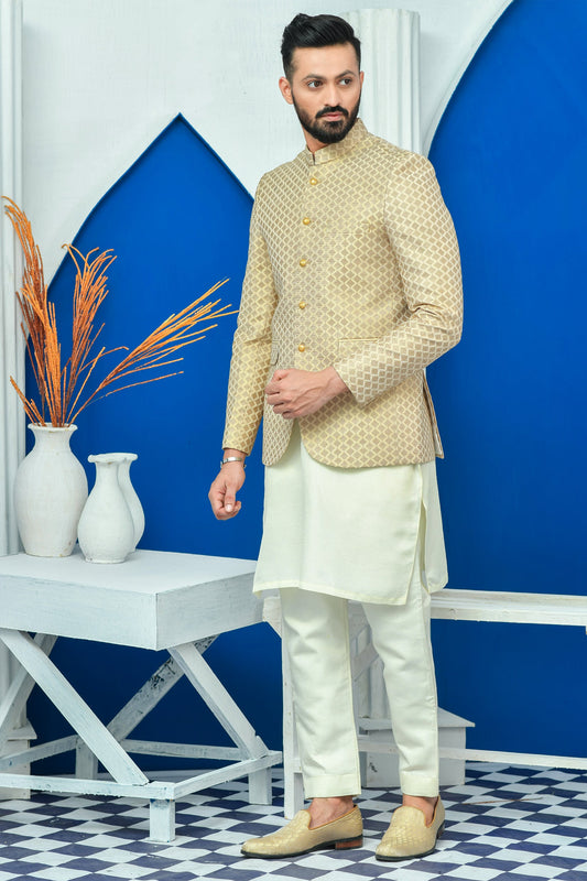 MC 197 Pakistani Beige Diagonal Embroided Prince Style Suit - Mashal Couture