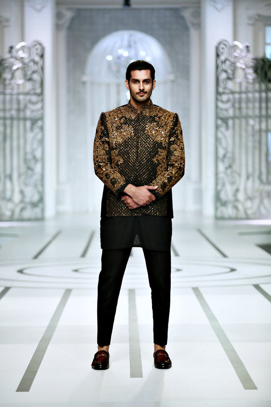 MC 194 Pakistani Black Front Open Prince Coat - Mashal Couture