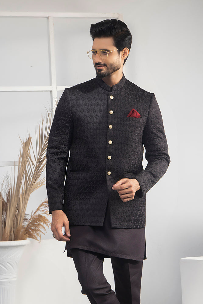 MC 189 Pakistani Black Prince Coat Designs - Mashal Couture
