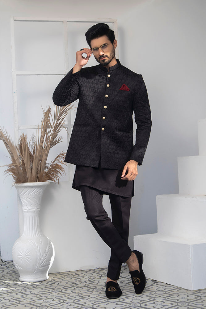 MC 189 Pakistani Black Prince Coat Designs - Mashal Couture