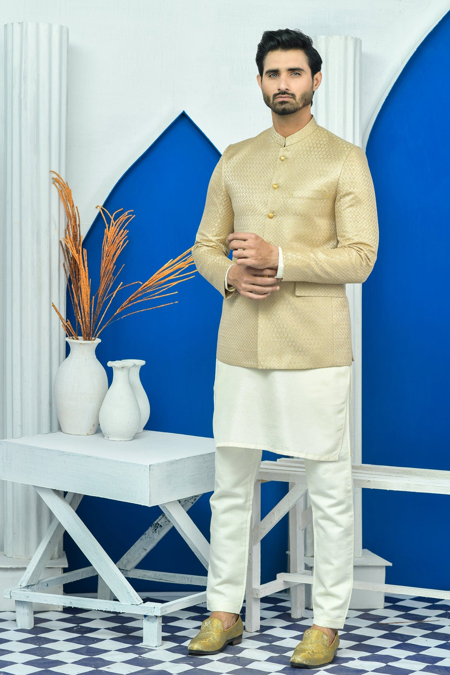 MC 180 Pakistani Gold Zari Work Men Prince Coat - Mashal Couture
