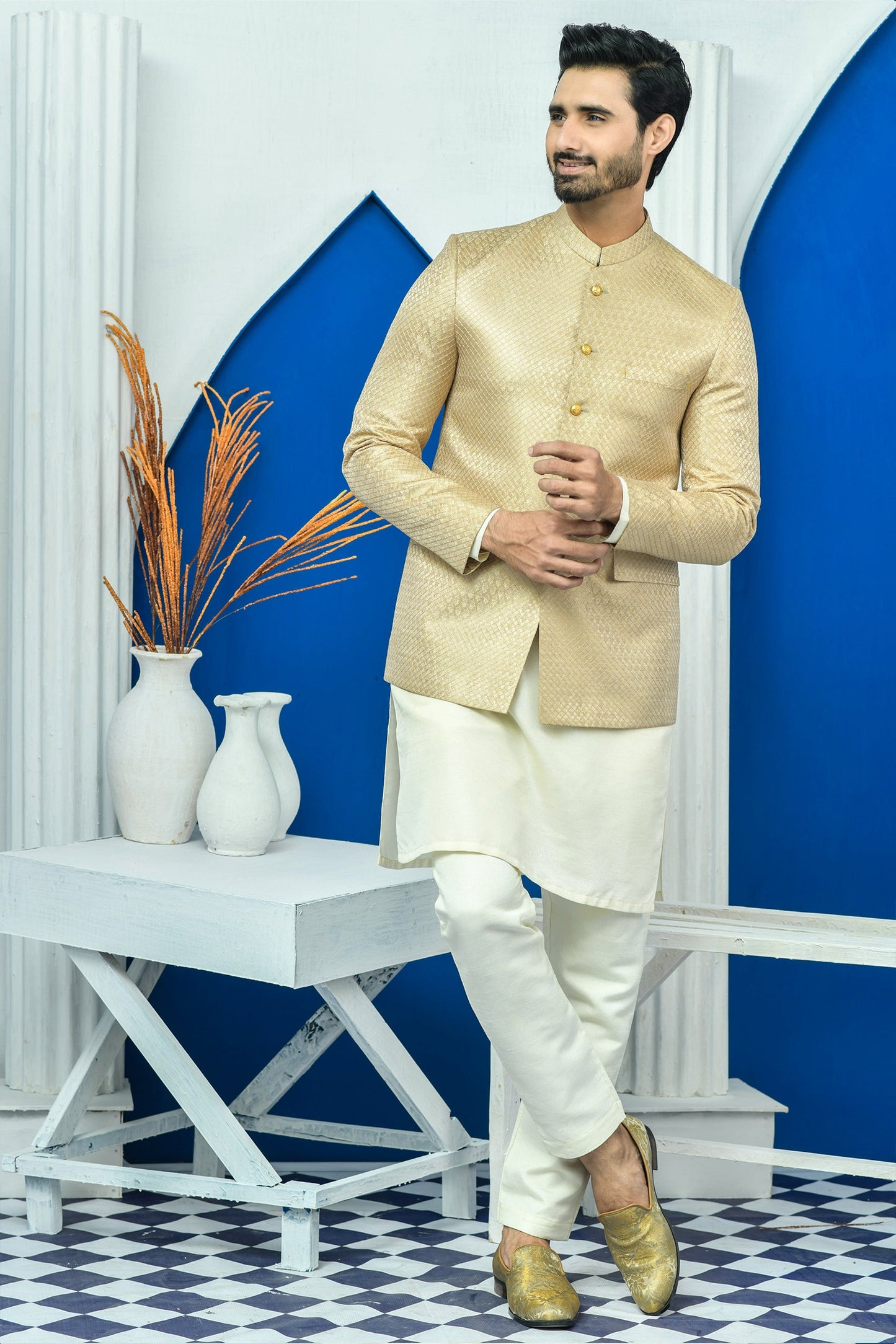 MC 180 Pakistani Gold Zari Work Men Prince Coat - Mashal Couture