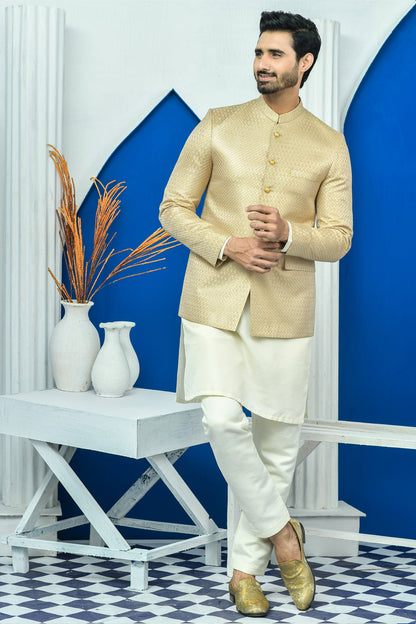 MC 180 Pakistani Gold Zari Work Men Prince Coat - Mashal Couture