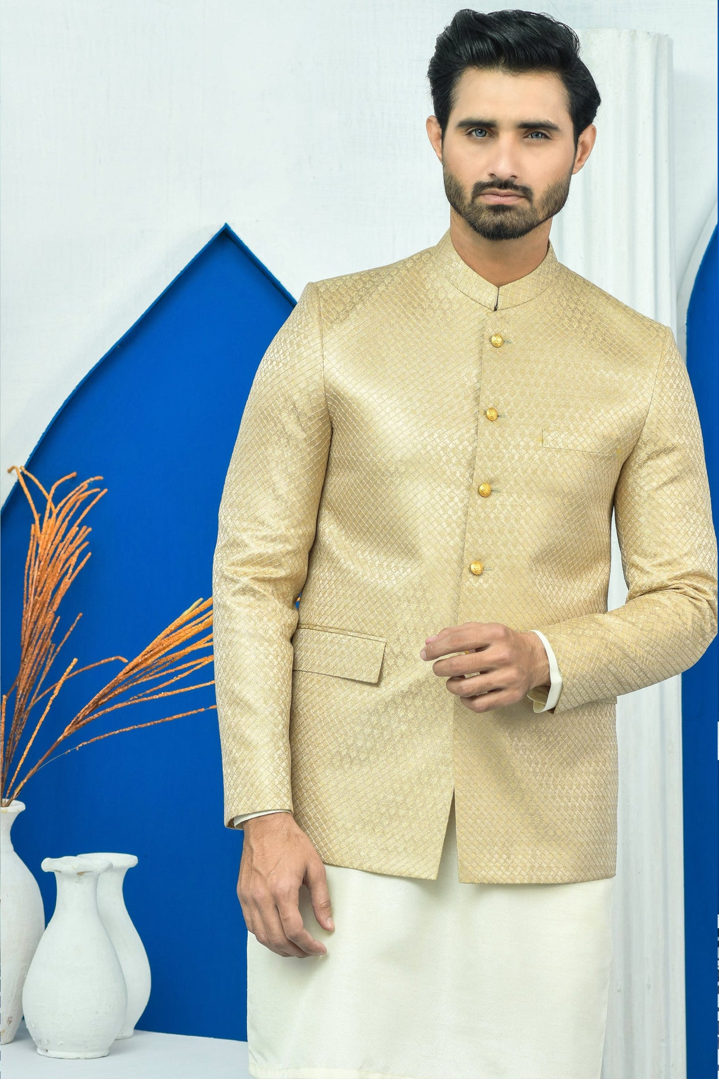MC 180 Pakistani Gold Zari Work Men Prince Coat - Mashal Couture