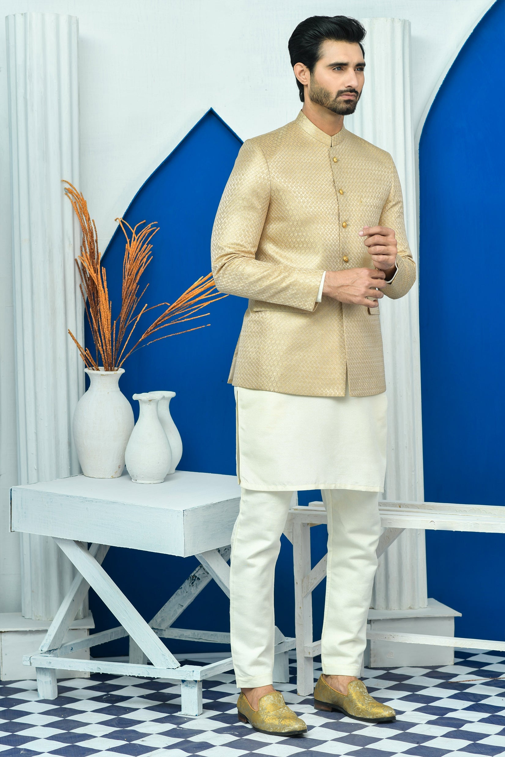 MC 180 Pakistani Gold Zari Work Men Prince Coat - Mashal Couture