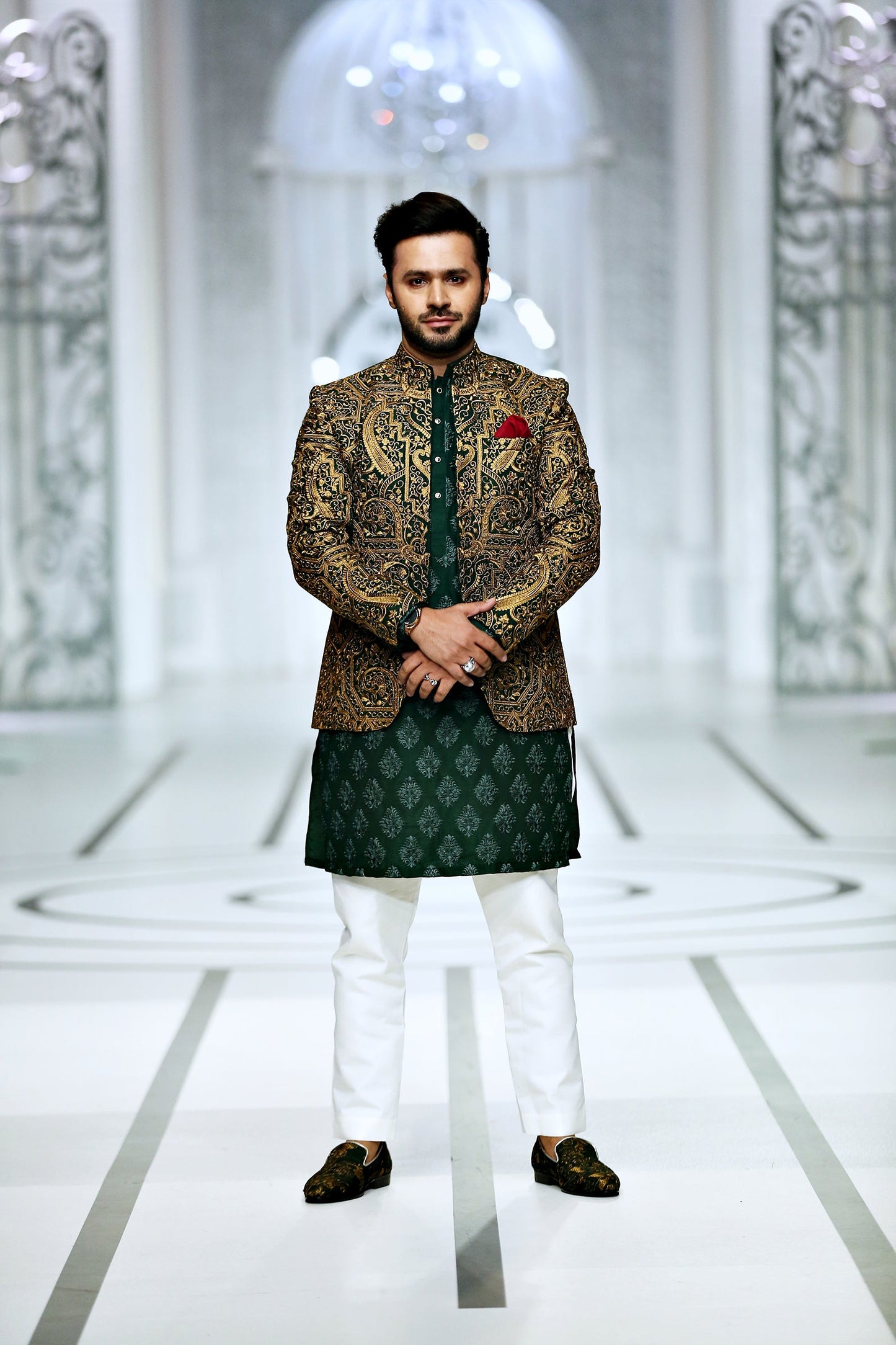 MC 179 Pakistani Green Copper Prince Coat - Mashal Couture
