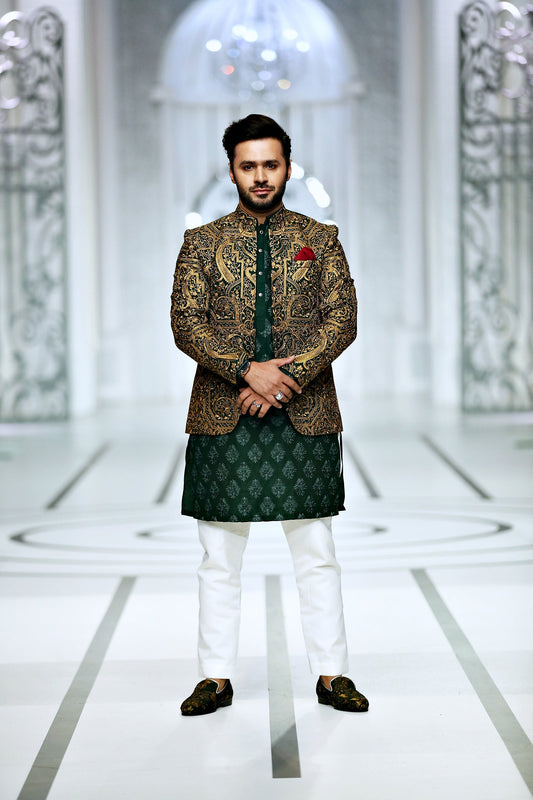 MC 179 Pakistani Green Copper Prince Coat - Mashal Couture