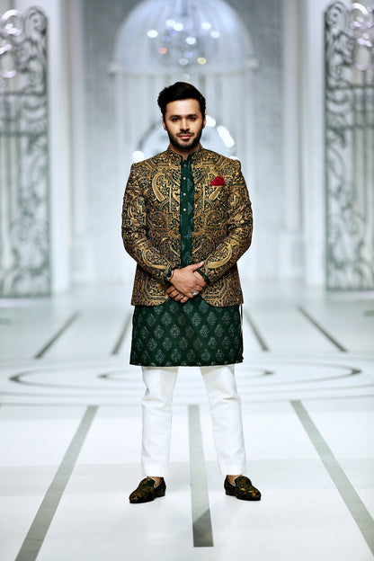 MC 179 Pakistani Green Copper Prince Coat - Mashal Couture