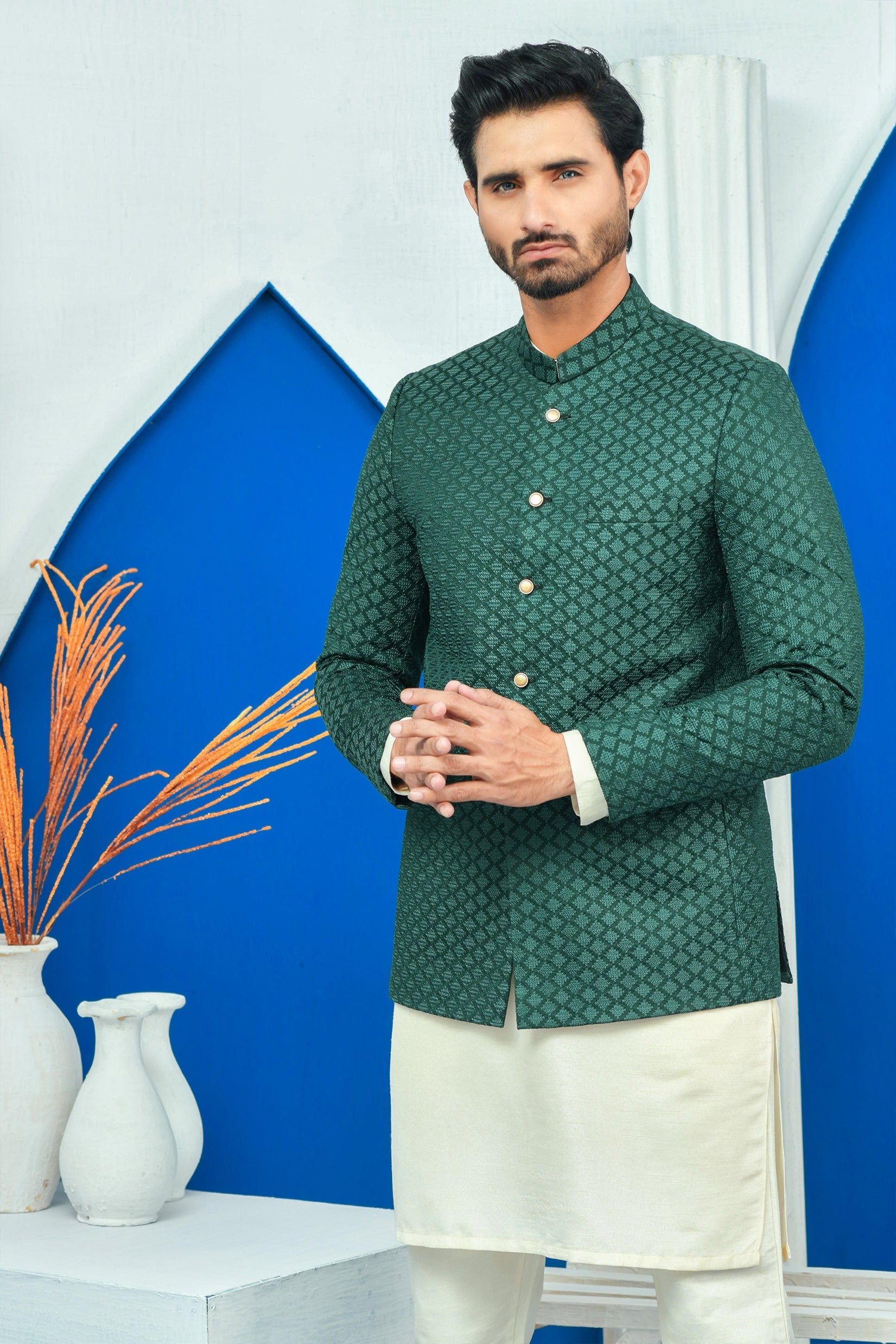 MC 178 Pakistani Green Embroided Mens Prince Suits - Mashal Couture
