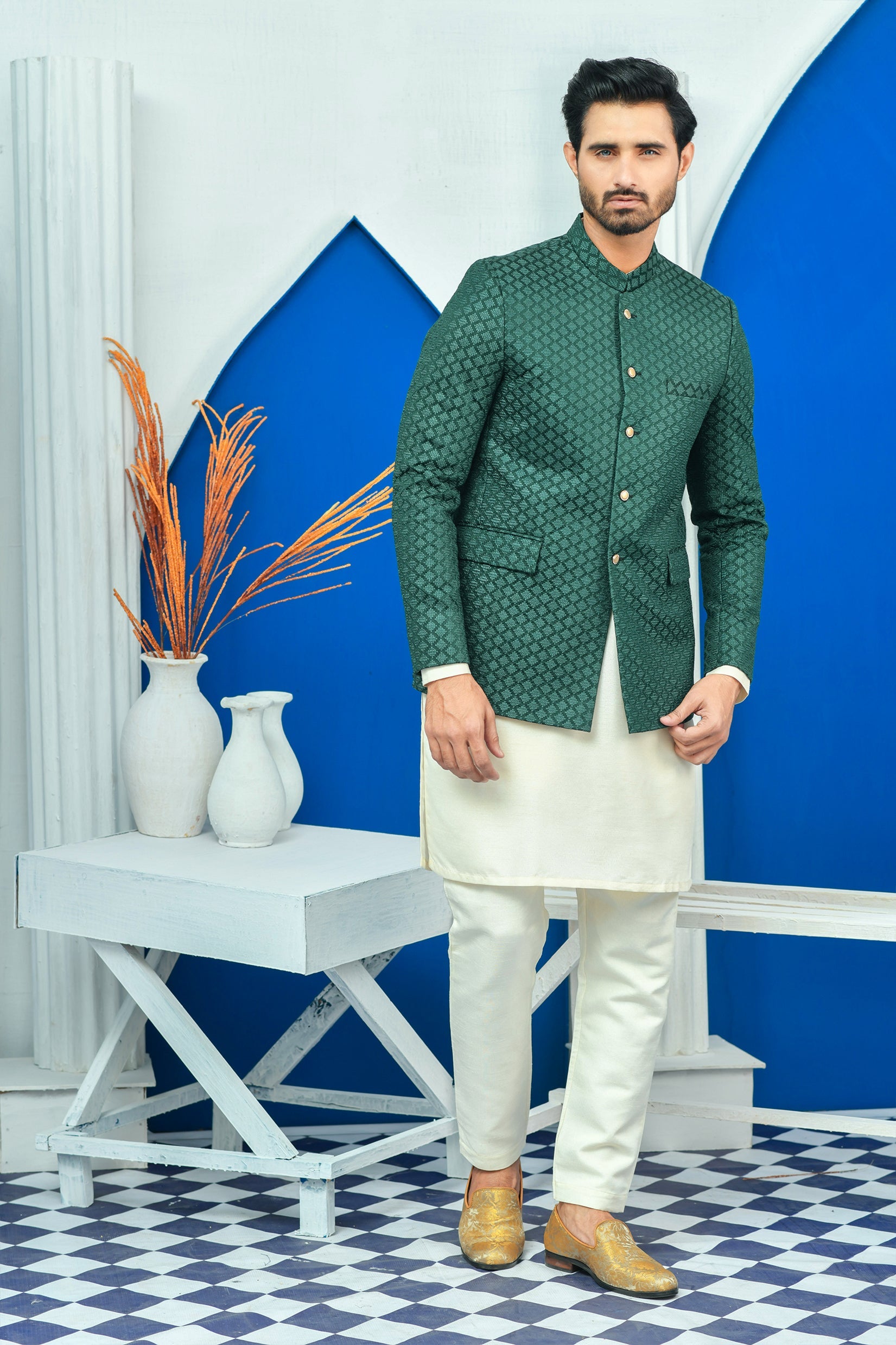 MC 178 Pakistani Green Embroided Mens Prince Suits - Mashal Couture