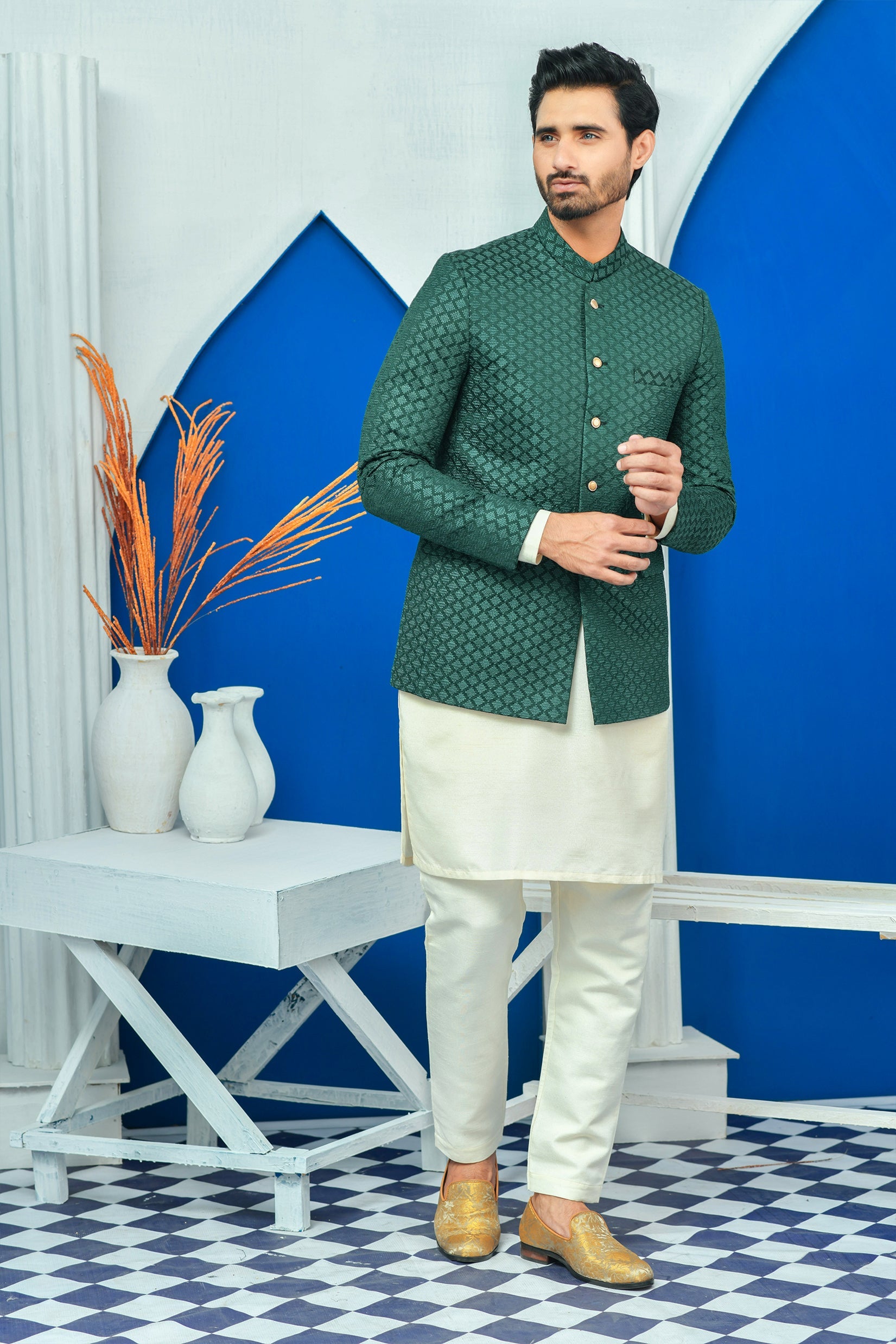 MC 178 Pakistani Green Embroided Mens Prince Suits - Mashal Couture