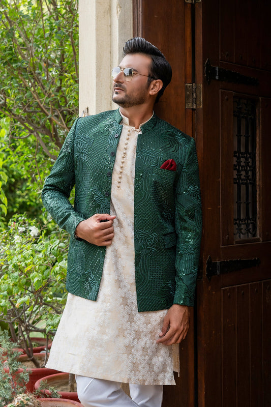 MC 177 Green Sequance Prince Coat Pakistani - Mashal Couture