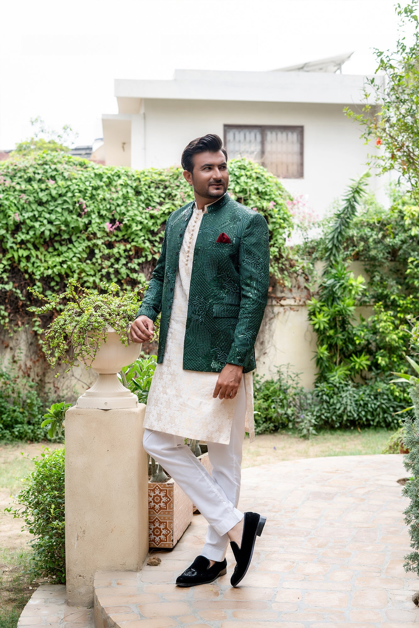 MC 177 Green Sequance Prince Coat Pakistani - Mashal Couture