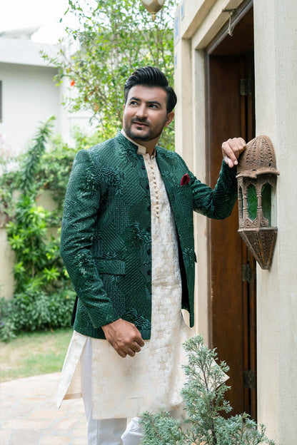 MC 177 Green Sequance Prince Coat Pakistani - Mashal Couture