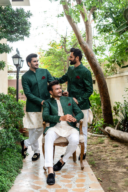 MC 177 Green Sequance Prince Coat Pakistani - Mashal Couture