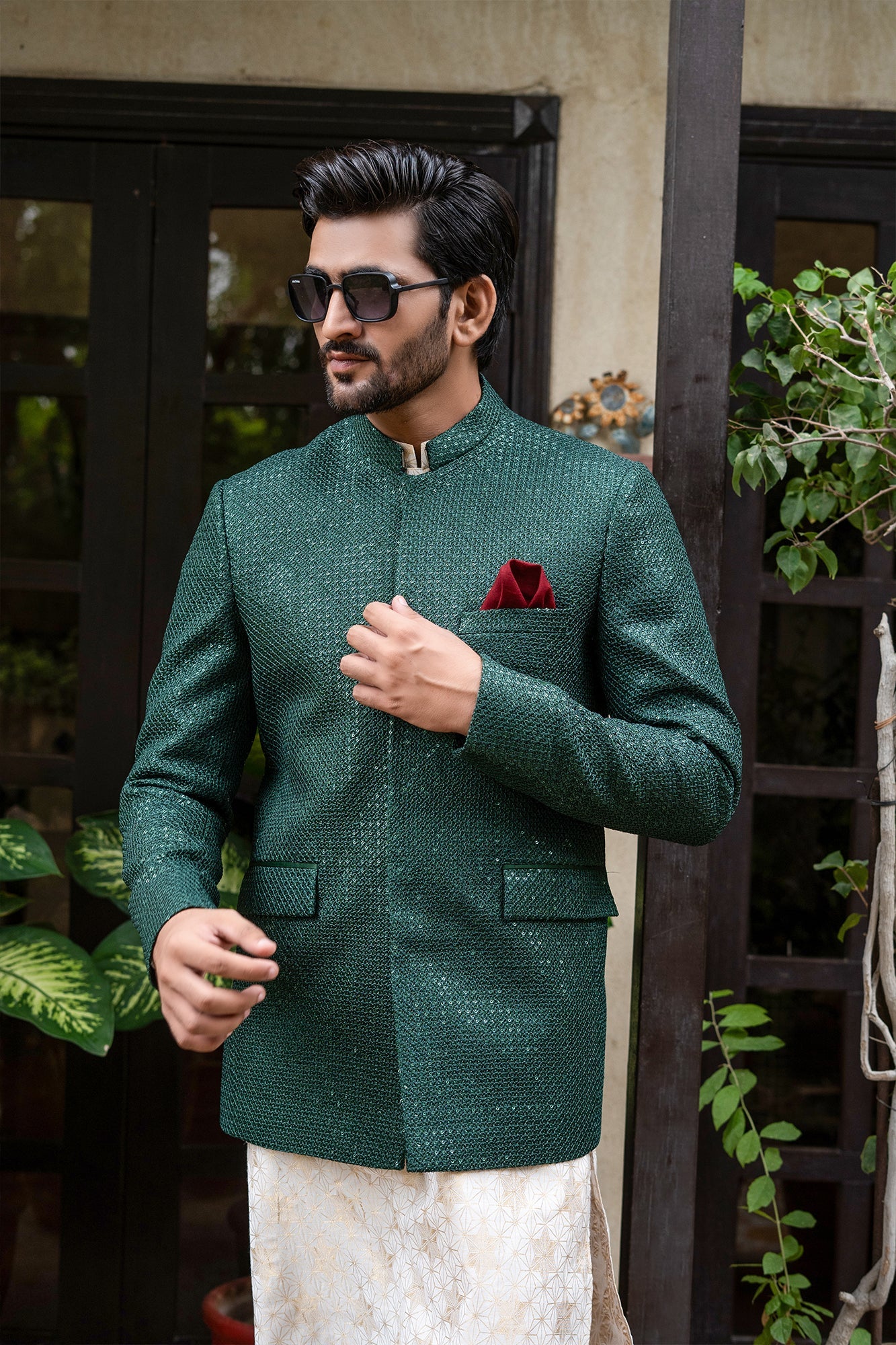 MC 176 Pakistani Green Sequence Embroidery Prince Coat - Mashal Couture