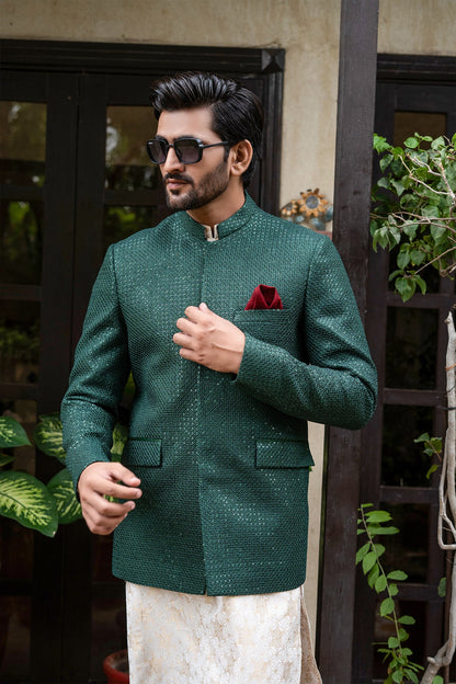 MC 176 Pakistani Green Sequence Embroidery Prince Coat - Mashal Couture