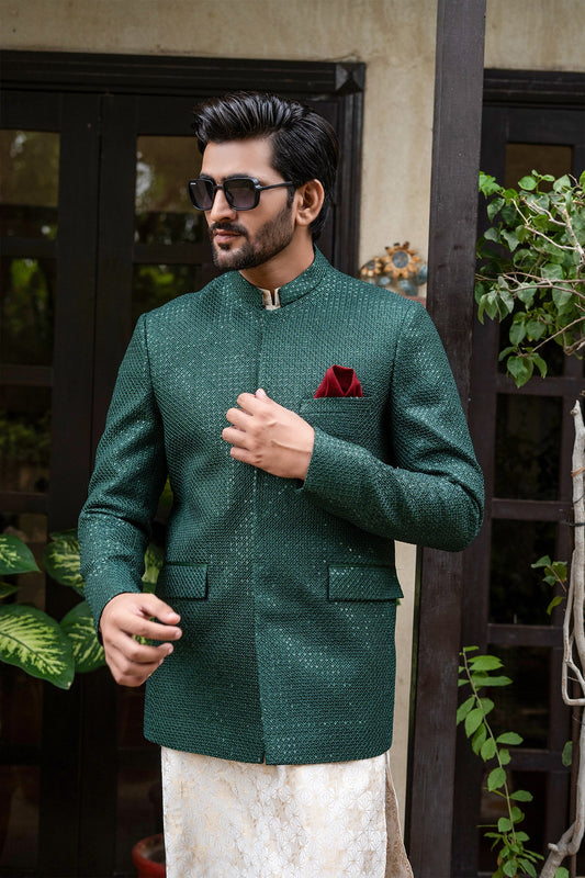 MC 176 Pakistani Green Sequence Embroidery Prince Coat - Mashal Couture