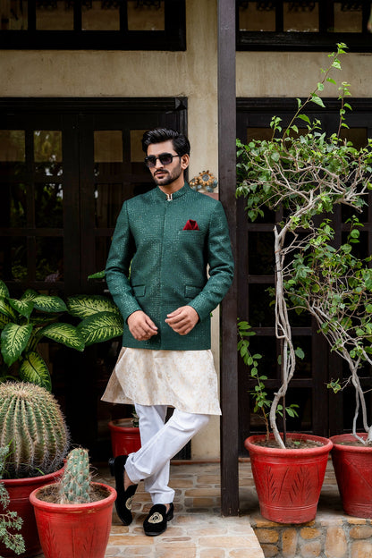 MC 176 Pakistani Green Sequence Embroidery Prince Coat - Mashal Couture