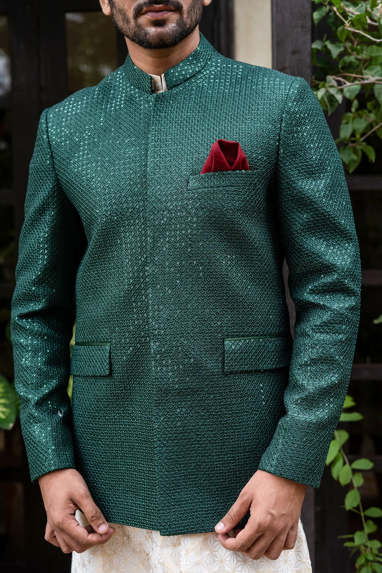 MC 176 Pakistani Green Sequence Embroidery Prince Coat - Mashal Couture