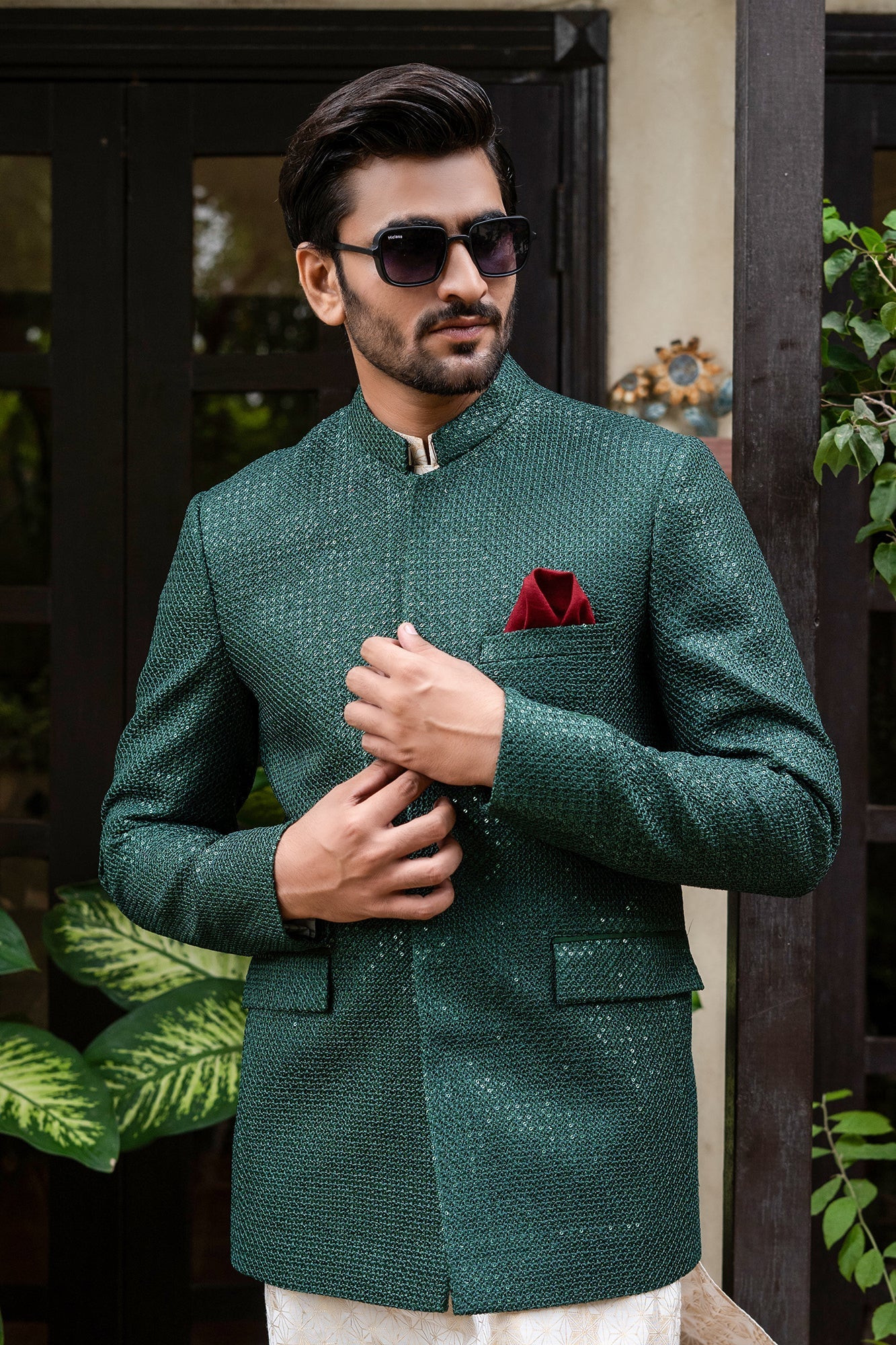 MC 176 Pakistani Green Sequence Embroidery Prince Coat - Mashal Couture