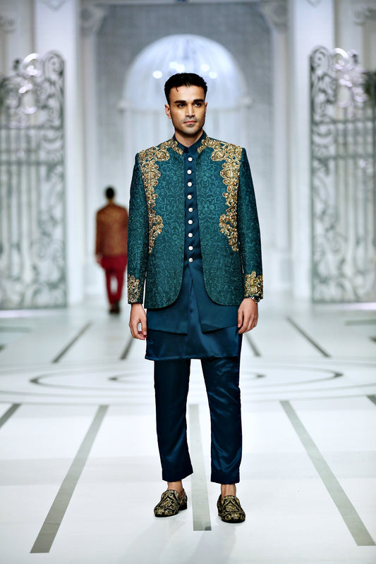 MC 174 Pakistani Green Prince Coat With Embroidery - Mashal Couture