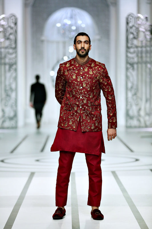 MC 171 Pakistani Maroon Copper Prince Coat - Mashal Couture