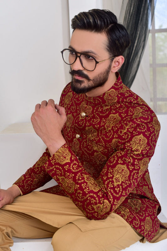 MC 173 Maroon Copper Prince Coat With Shalwar Kameez - Mashal Couture