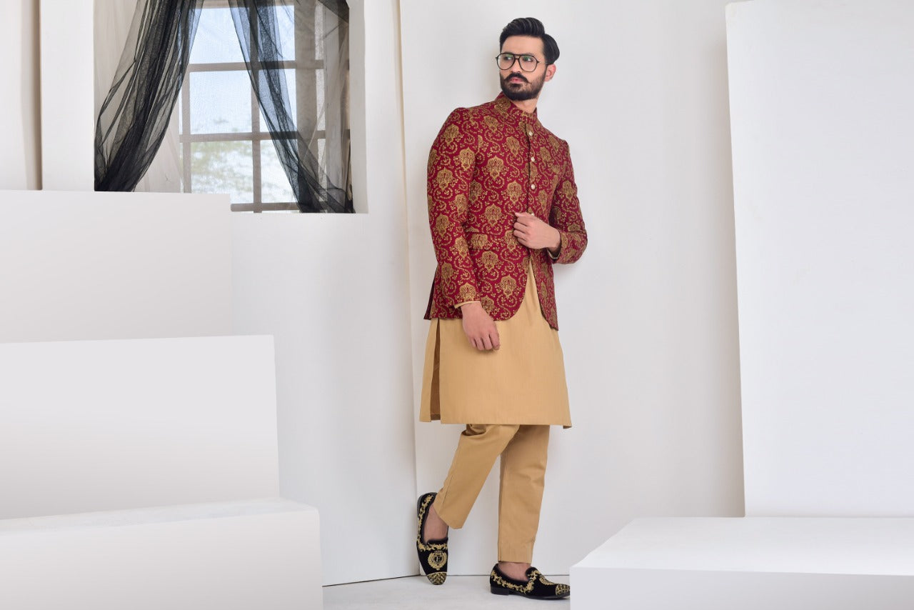 MC 173 Maroon Copper Prince Coat With Shalwar Kameez - Mashal Couture