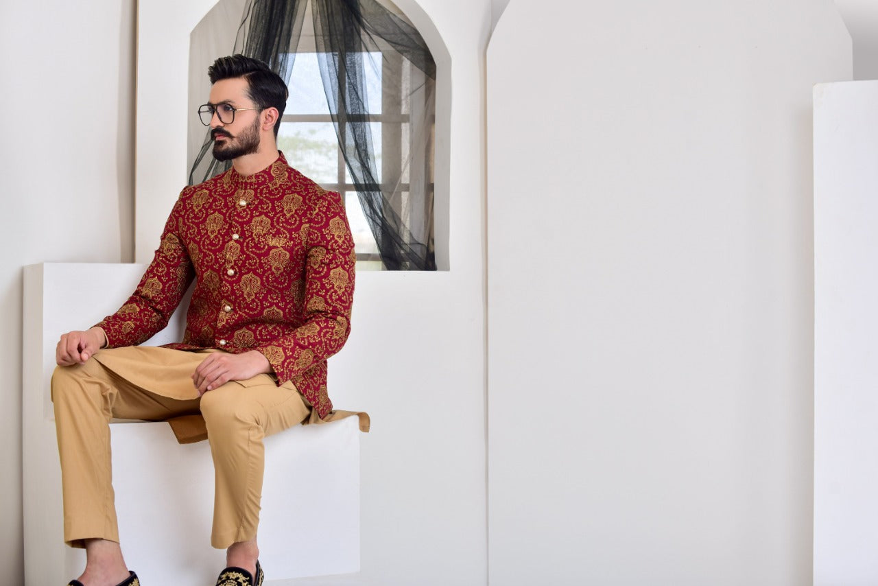 MC 173 Maroon Copper Prince Coat With Shalwar Kameez - Mashal Couture