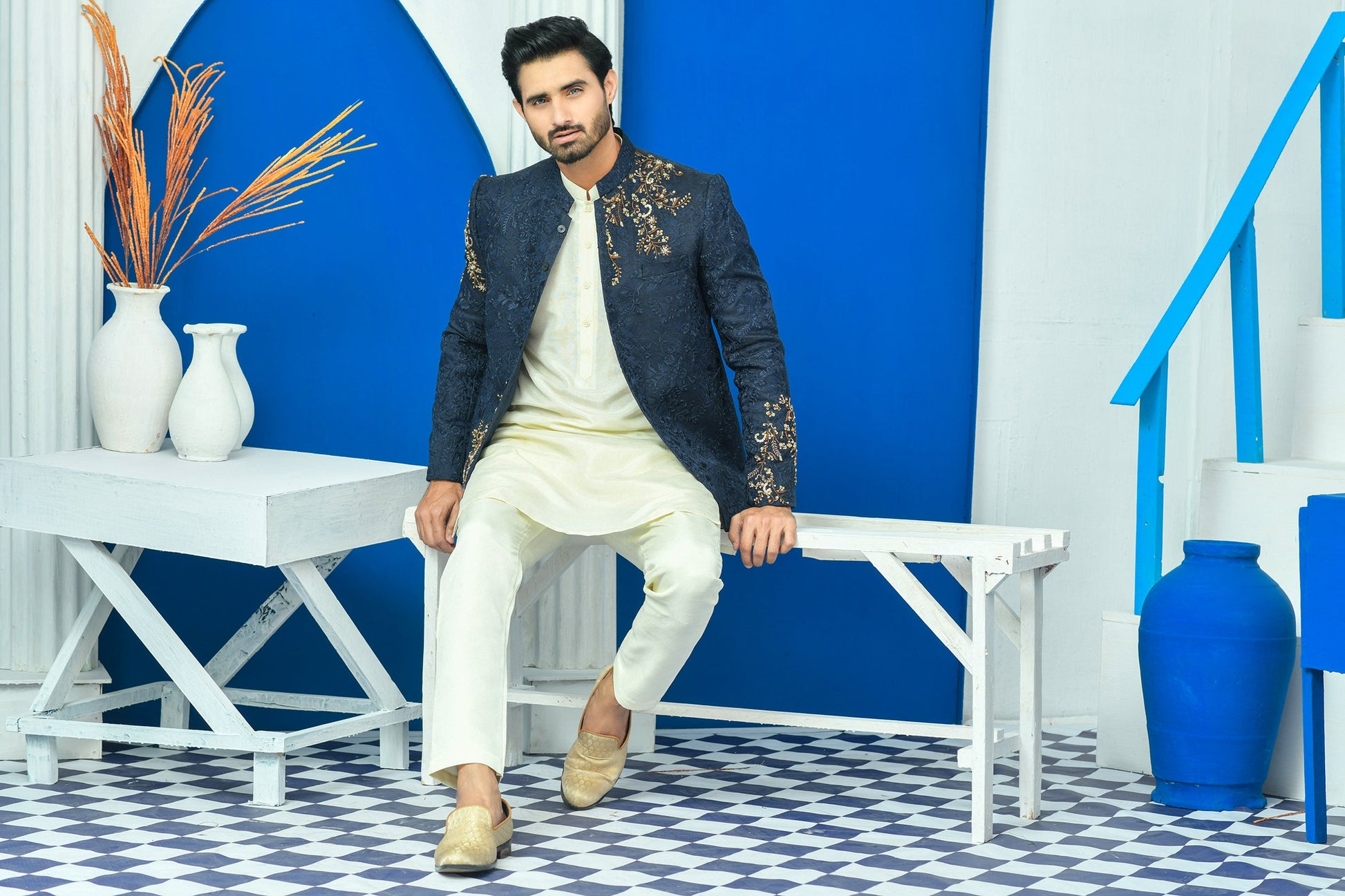 MC 169 Navy Blue Coat Design Gents - Mashal Couture