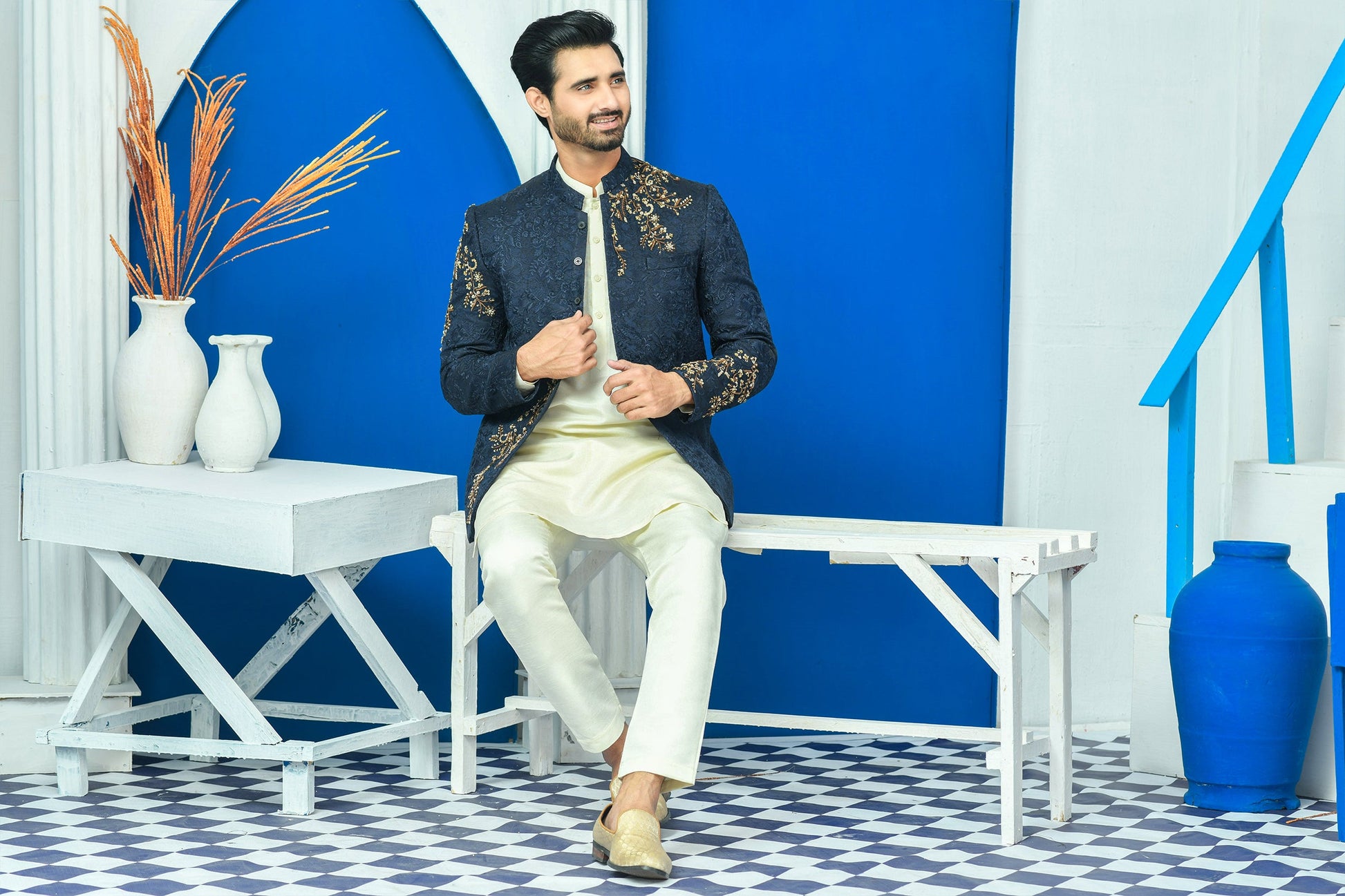 MC 169 Navy Blue Coat Design Gents - Mashal Couture