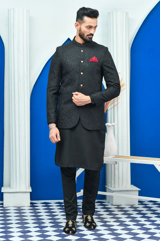 Pakistani Black Prince Coat Designs Resham Work - Mashal Couture