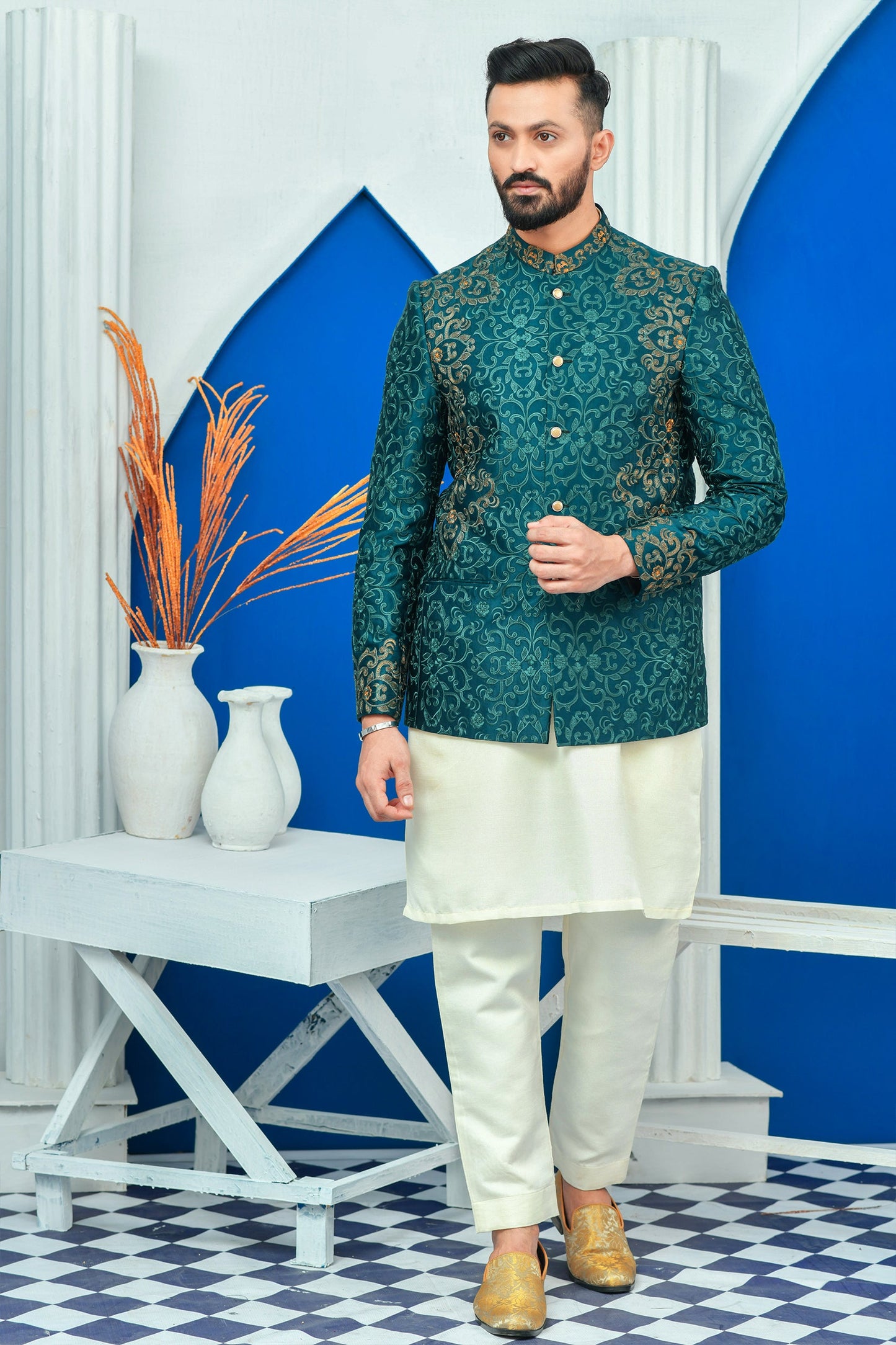 MC 156 Royal Green Embroidery With Zari Work Mens Prince Suit Pakistani - Mashal Couture