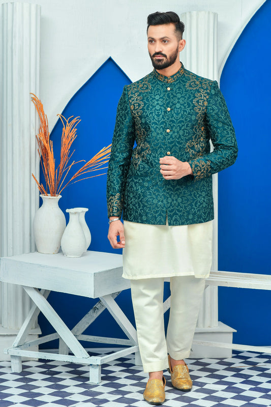 MC 156 Royal Green Embroidery With Zari Work Mens Prince Suit Pakistani - Mashal Couture