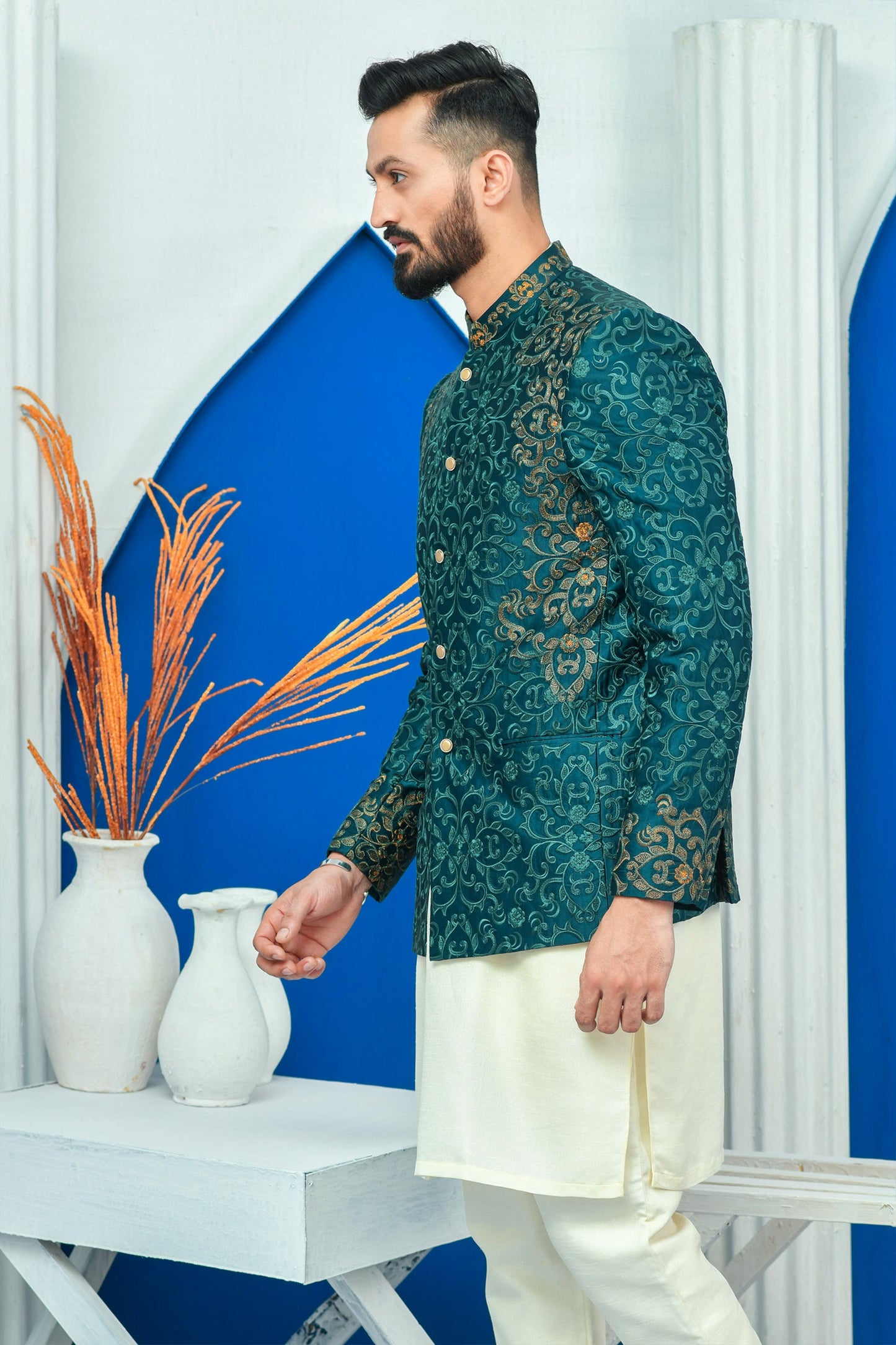 MC 156 Royal Green Embroidery With Zari Work Mens Prince Suit Pakistani - Mashal Couture