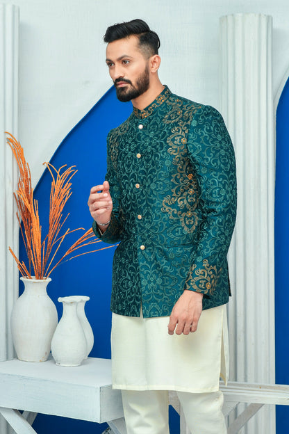 MC 156 Royal Green Embroidery With Zari Work Mens Prince Suit Pakistani - Mashal Couture