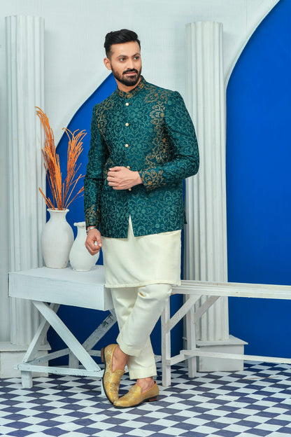 MC 156 Royal Green Embroidery With Zari Work Mens Prince Suit Pakistani - Mashal Couture